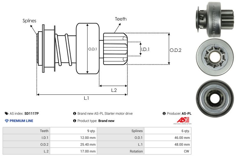AS-PL SD1117P Freewheel Gear, starter