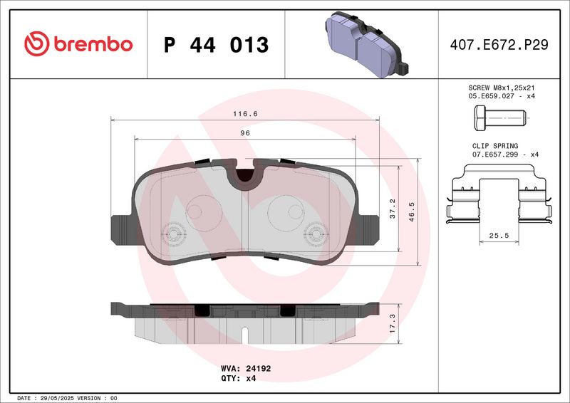 BREMBO P 44 013 Комплект гальмівних накладок, дискове гальмо