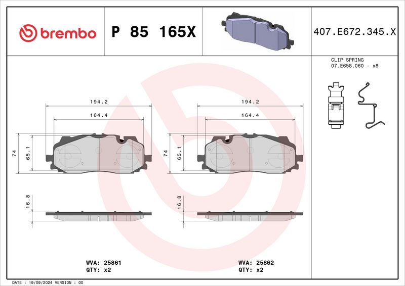 Piduriklotsi komplekt, ketaspidur, BREMBO P 85 165X