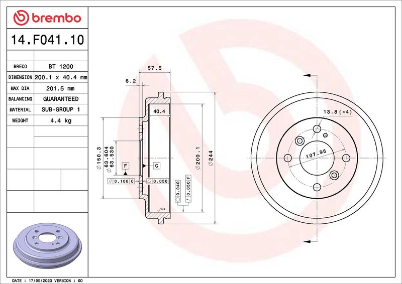 Гальмівний барабан, Brembo 14.F041.10