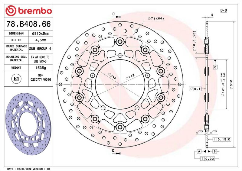 Brake disc Voor drijvend, 310/121,5x5mm 5x142mm, diameter bevestigingsgat 10,5mm, hoogte (tussenruimte) 0 past: SUZUKI DL 1200A (Bandit ABS)/1200SA (Bandit ABS)/1250A (Bandit ABS)/1250SA (Bandit ABS)/