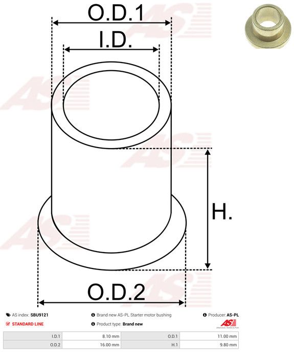 AS-PL SBU9121 Bush, starter shaft