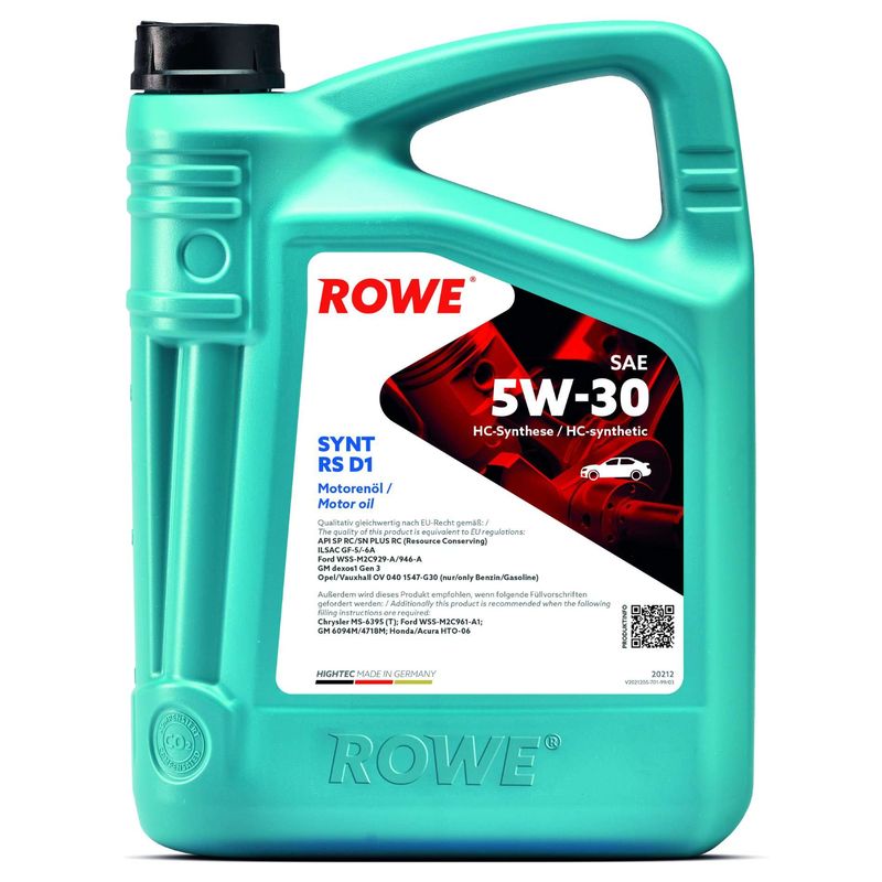 ROWE 20212-0050-99 Олива 5W30 HIGHTEC SYNT RS D1 (5L) (Ford WSS-M2C945-A/929-A/946-A/GM dexos1 Gen 2/GM 6094M/4718M)