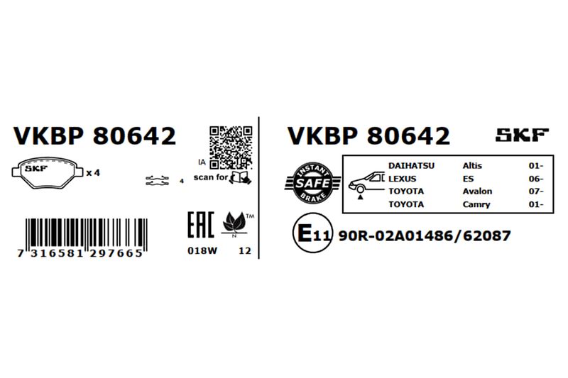 Комплект гальмівних накладок, дискове гальмо, Skf VKBP80642