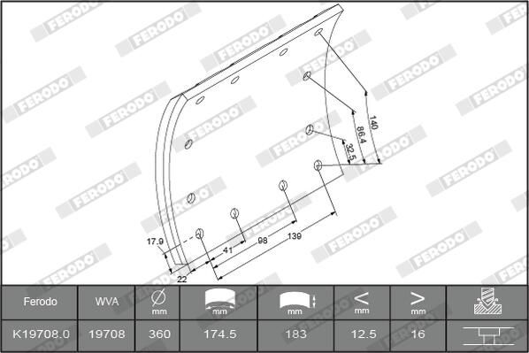 Brake shoe lining Achter/Voor (360x183. basis) past: MAN M 2000 L, M 2000 M, M90, SM 11.87-
