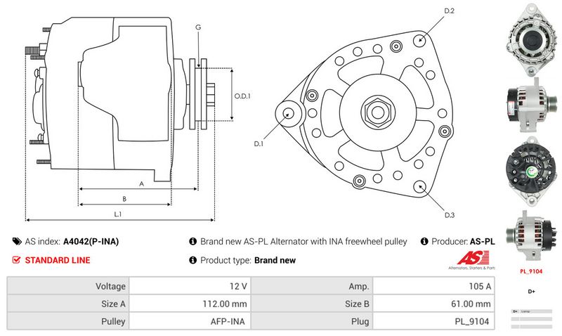 AS-PL A4042(P-INA) Alternator