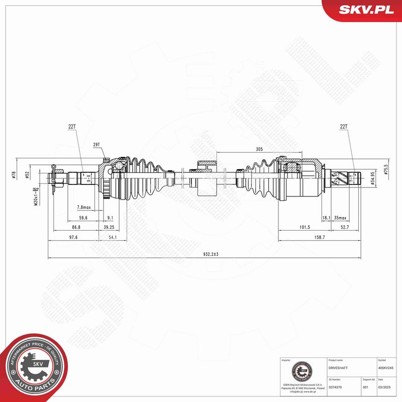 ESEN SKV 40SKV245 Drive Shaft