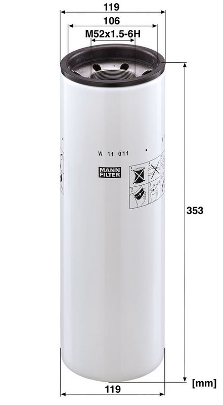 Oliefilter (geschroefd) past: ATLAS MT5010  EUCLID 40, 40 C, 60C  HITACHI EH1000, EH1700, EX1100, EX1100-3, EX1800-3, LX230-3, ZW550  INGERSOLL RAND SSRM200, SSRM200 2S, SSRM200 2SLV, SSRM250 2S