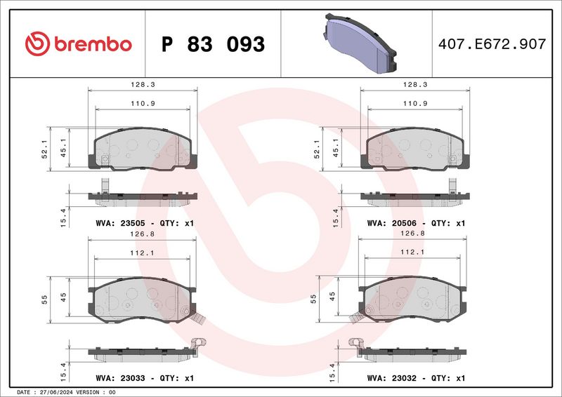 BREMBO P83093 Diskinių stabdžių kaladėlių komplektas