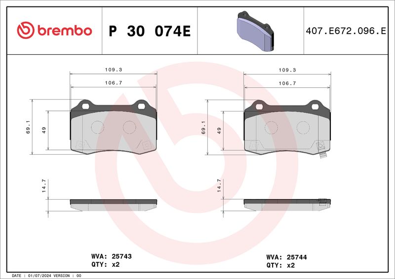 BREMBO Remblokkenset, schijfrem P 30 074E