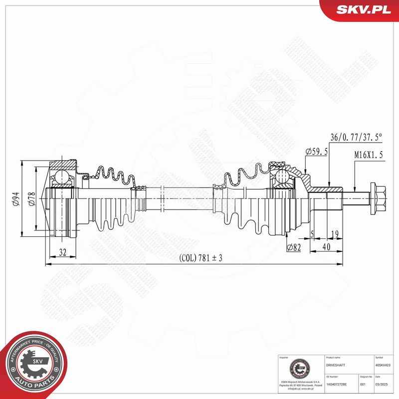 ESEN SKV 40SKV423 Drive Shaft