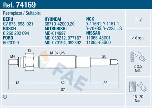 Свічка розжарювання, Fae 74169