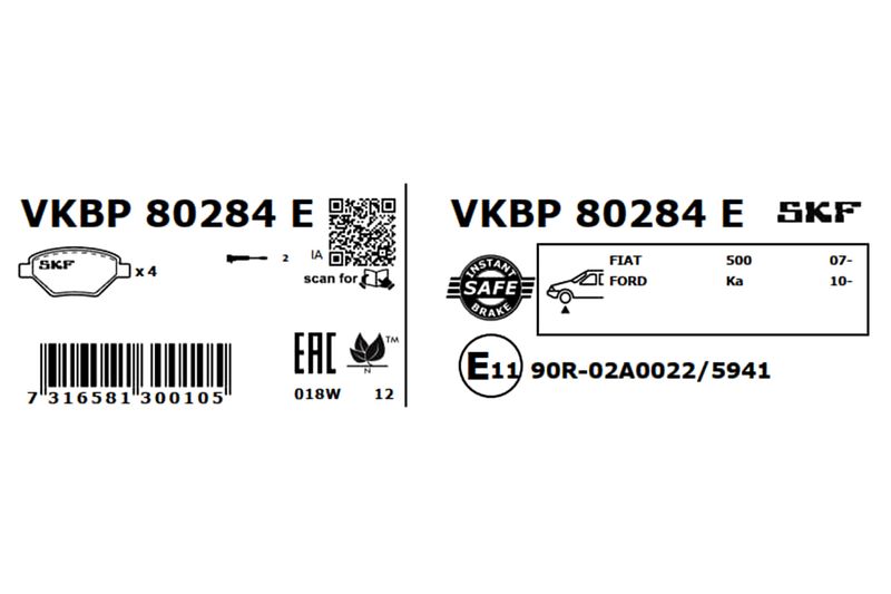 Комплект гальмівних накладок, дискове гальмо, Skf VKBP80284E