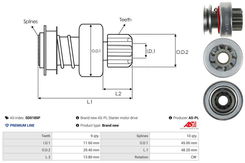 AS-PL SD0185P Freewheel Gear, starter