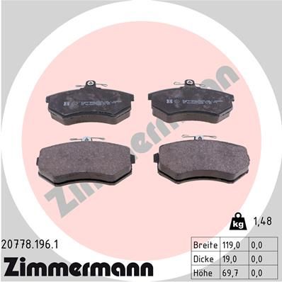 Комплект гальмівних накладок, дискове гальмо, Zimmermann 20778.196.1