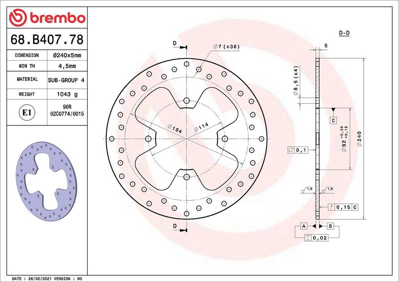 Brake disc Achter vast, 240/92x5mm 4x114mm, diameter bevestigingsgat 8,5mm, hoogte (tussenruimte) 0 past: MBK KILIBRE 125 (Skycruiser)/125 X-City/125R (X-Max)/250 X-City/250R (X-Max Sport)/250R (X-Max