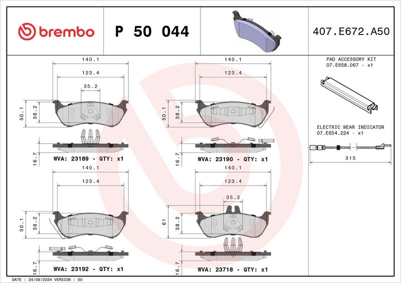 Piduriklotsi komplekt, ketaspidur, BREMBO P 50 044