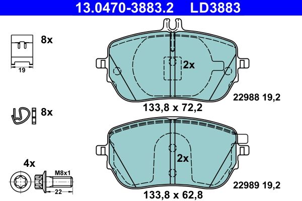 Комплект гальмівних накладок, дискове гальмо, Ate 13.0470-3883.2