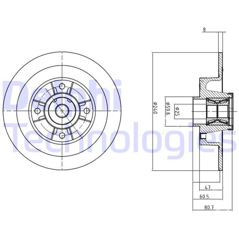 DELPHI BG9028RS Диск тормозной (задний) Renault Megane II 03-(240х8) (+ABS) (с подшипник