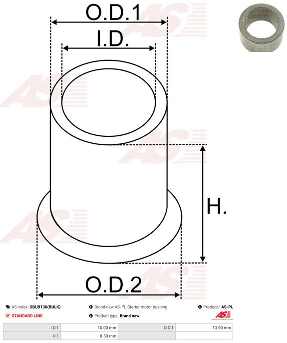 AS-PL SBU9136(BULK) Bush, starter shaft