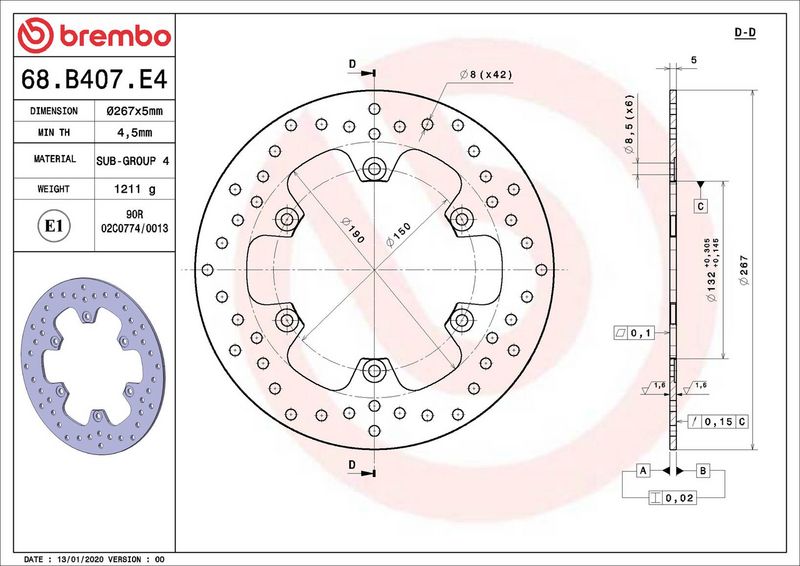 Brake disc Achter/Voor vast, 267/132x5mm 6x150mm, diameter bevestigingsgat 8,5mm, hoogte (tussenruimte) 0 past: YAMAHA BT 1000 (Genesis Exup)/1100 (Bulldog)/1100 (Virago)/1200/125/1300/1300SP/1700/350