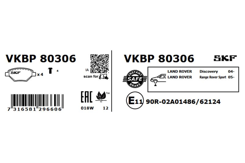 Комплект гальмівних накладок, дискове гальмо, Skf VKBP80306