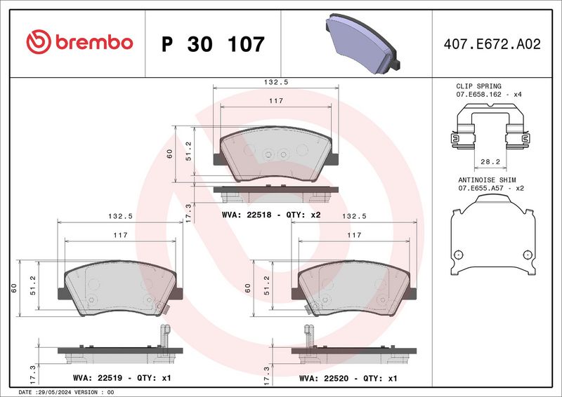 Piduriklotsi komplekt, ketaspidur, BREMBO P 30 107