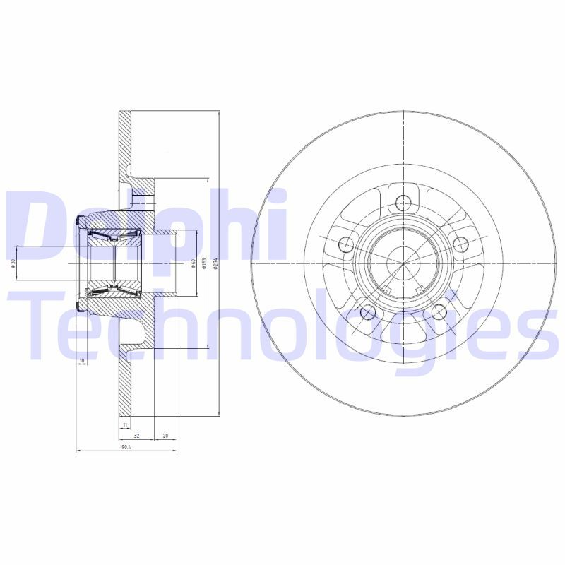 DELPHI BG9113RSC Диск гальмівний (задній) Renault Kangoo 08- (274х11) (+ABS) (з підшипником)