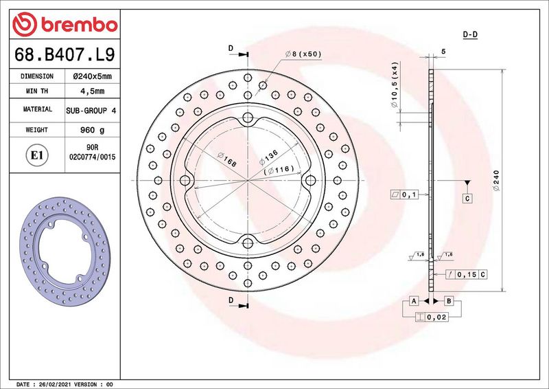 Brake disc Achter vast, 240/0x5mm 4x136mm, diameter bevestigingsgat 10,5mm, hoogte (tussenruimte) 0 past: HONDA CB, CBF, CBR 400/500/500A (ABS)/500F/500R/500X/650F/650F ABS/650R 1994-2024