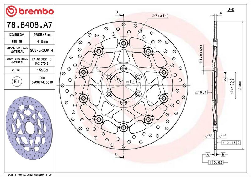 Brake disc Voor drijvend, 305/64x5mm 6x80mm, diameter bevestigingsgat 8,6mm, hoogte (tussenruimte) 0 past: KTM SUPERMOTO 950/950 (LC8)/950R/950R (LC8)/990/990 (LC8)/990R/990T 2005-2011