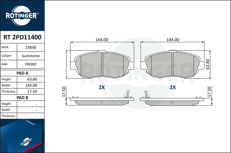 Комплект гальмівних накладок, дискове гальмо, Rotinger RT2PD11400