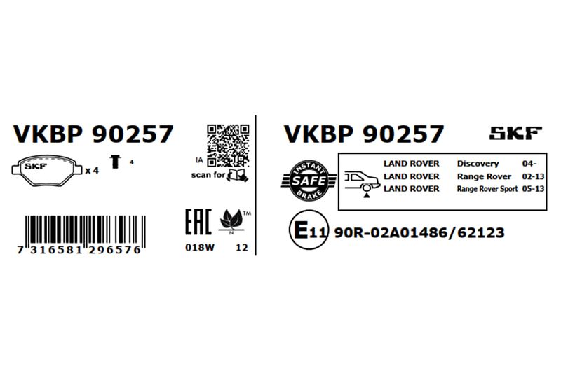 Комплект гальмівних накладок, дискове гальмо, Skf VKBP90257