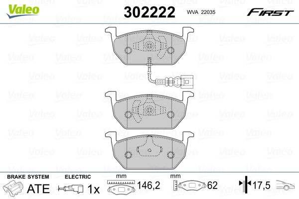 Комплект гальмівних накладок, дискове гальмо, Valeo 302222