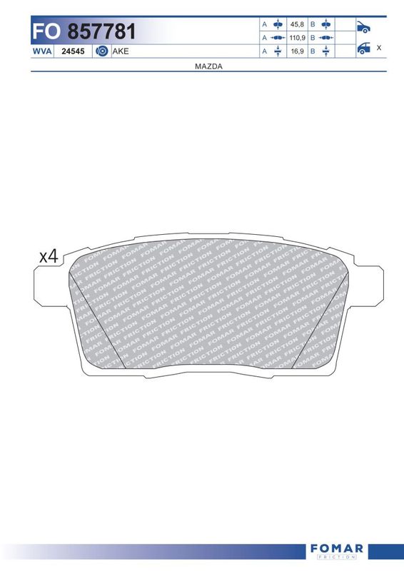 Комплект гальмівних накладок, дискове гальмо, Fomar 857781