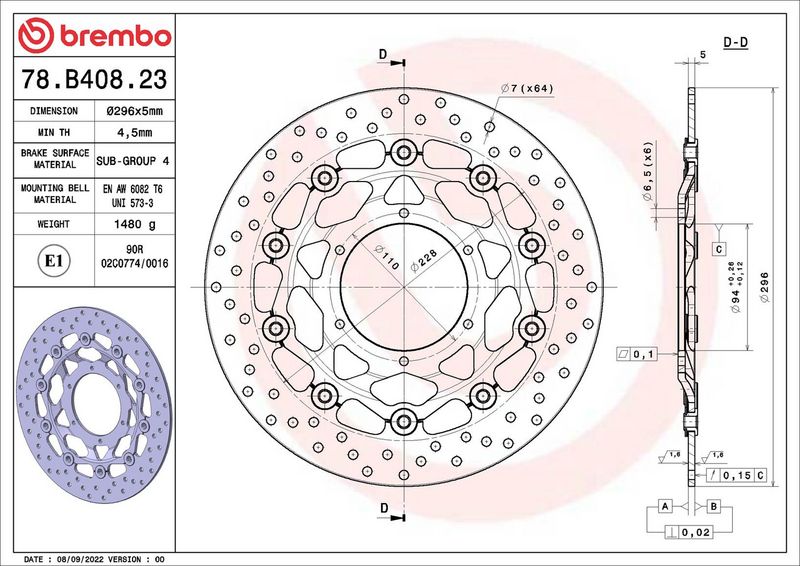 Brake disc Voor drijvend, 296/94x5mm 6x110mm, diameter bevestigingsgat 6,5mm, hoogte (tussenruimte) 0 past: HONDA CBR 600F/600FA (ABS)/600FS (Sport) 1999-2012