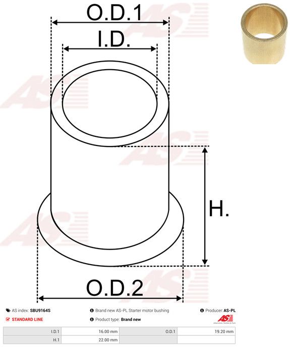 AS-PL SBU9164S Bush, starter shaft
