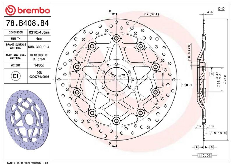 Brake disc Voor drijvend, 310/62x4,5mm 6x78mm, diameter bevestigingsgat 6,5mm, hoogte (tussenruimte) 0 past: HONDA CRF 1000L Africa Twin 2017-2017