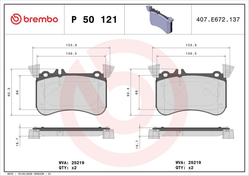 Piduriklotsi komplekt, ketaspidur, BREMBO P 50 121