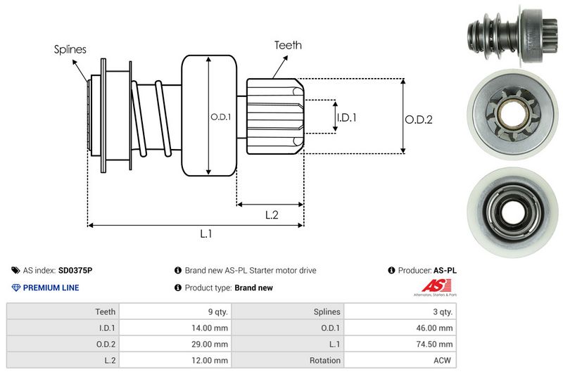 AS-PL SD0375P Freewheel Gear, starter