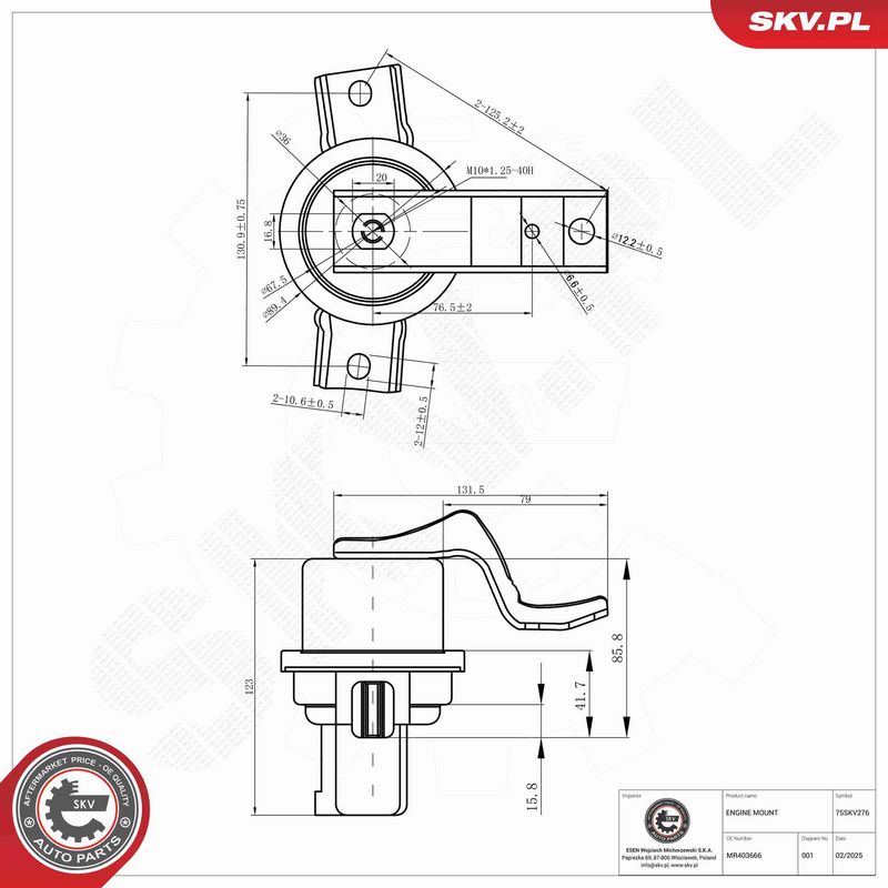 ESEN SKV 75SKV276 Variklio pagalvė