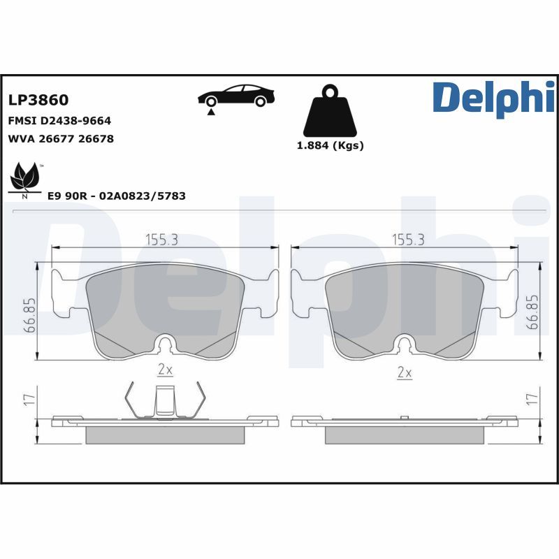 Комплект гальмівних накладок, дискове гальмо, Delphi LP3860