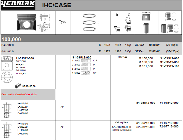 YENMAK Kit réparation Piston, Chemise cylindre 71-07512-000