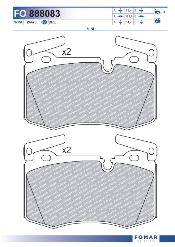 Комплект гальмівних накладок, дискове гальмо, Fomar 888083