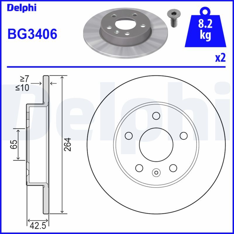 DELPHI BG3406 Диск тормозной (задний) (к-кт 2 шт) Opel Combo/Astra H 98- (264x10) (с покрыт.) (полный)