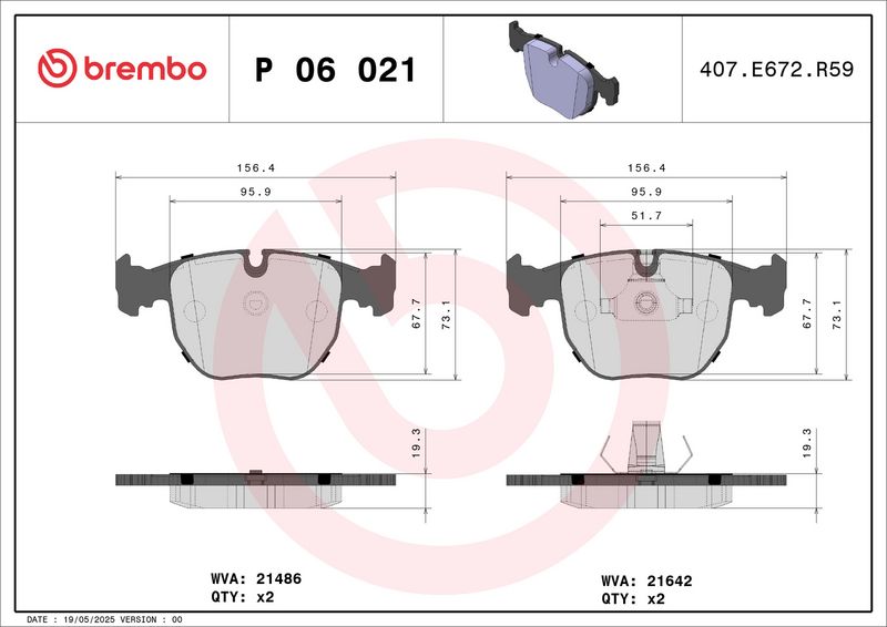 BREMBO P 06 021 Комплект гальмівних накладок, дискове гальмо