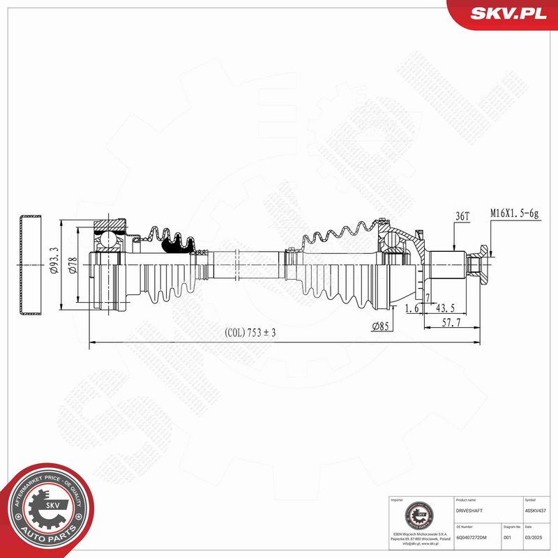 ESEN SKV 40SKV437 Drive Shaft
