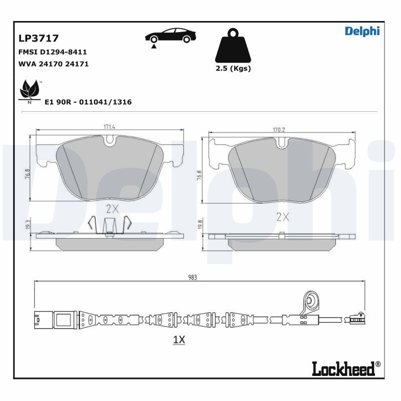 Комплект гальмівних накладок, дискове гальмо, Delphi LP3717