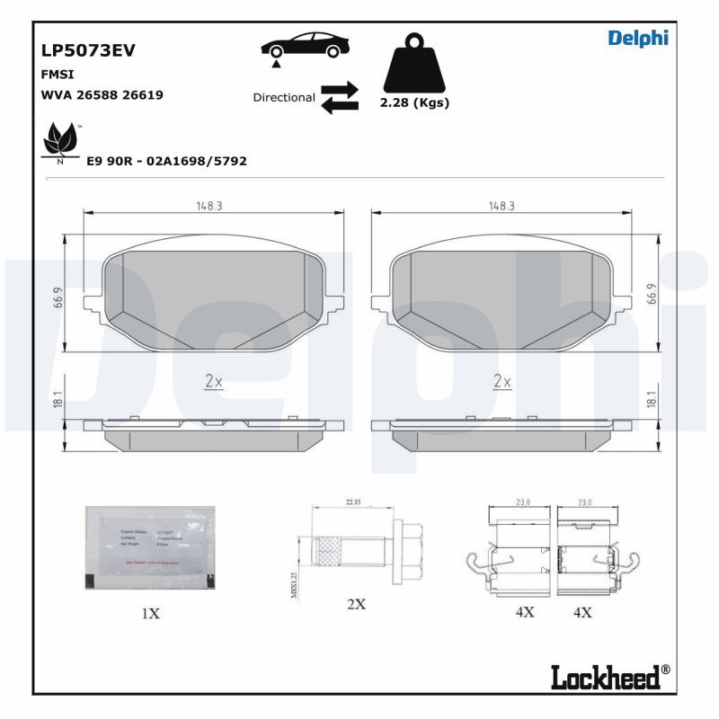 Комплект гальмівних накладок, дискове гальмо, Delphi LP5073EV