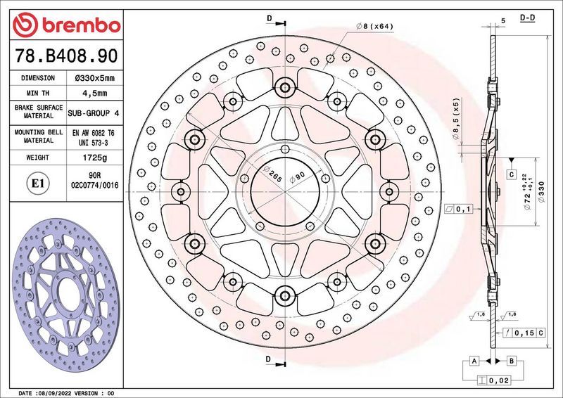 Brake disc Voor drijvend, 330/72x5mm 5x90mm, diameter bevestigingsgat 8,5mm, hoogte (tussenruimte) 0 past: DUCATI 1098 1000RR/1098 /1098R/1098S/1099/1099S/1198/1198 (Carbon)/1198R Corse/1198S 2007-201