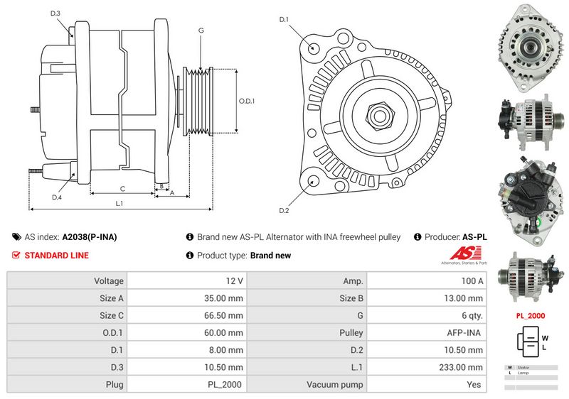 AS-PL A2038(P-INA) Alternator